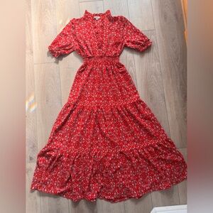 Max Studio Red Floral Dress Boho Cottage Floral Flowy Tiered Sz Medium